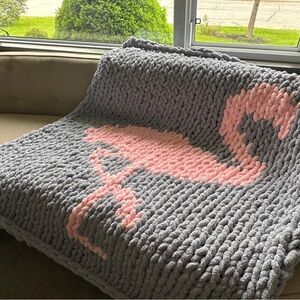 Pink Flamingo chunky knit handmade blanket. Size: 60”x52”